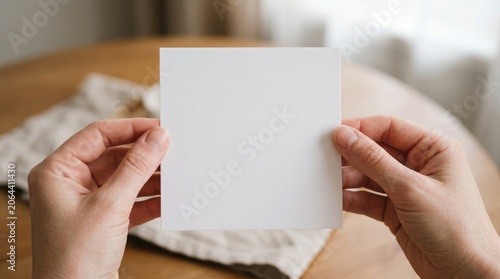 Hands holding a blank white card or paper in a cozy indoor setting