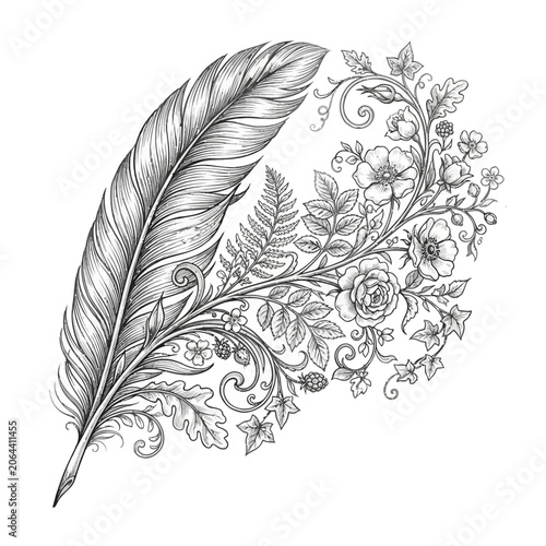 Detailed feather with floral designs.