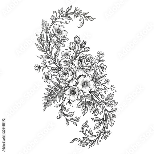 Detailed floral arrangement with roses and leaves.