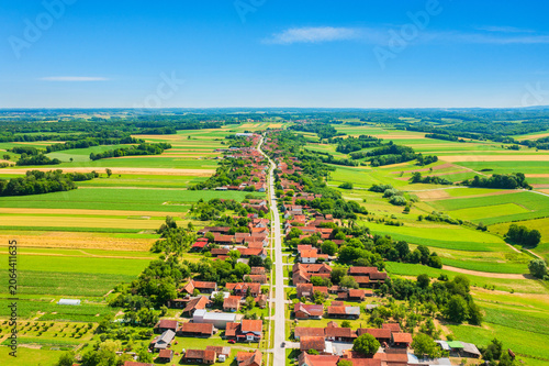 Aerial view of beautiful countryside landscape, village of Daruvarski Brestovac, Daruvar, Croatia 