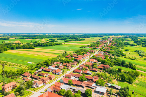 Aerial view of beautiful countryside landscape, village of Daruvarski Brestovac, Daruvar, Croatia 