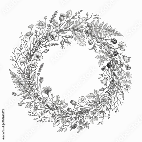 Detailed floral wreath with leaves flowers.