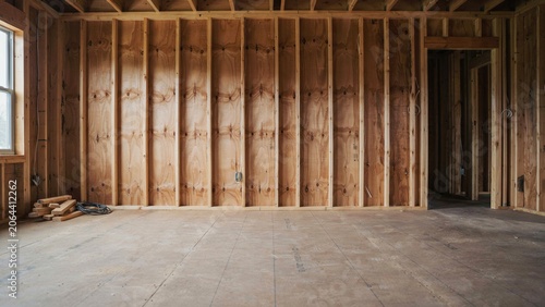 Wooden wall studs form the frame of an unfinished interior room during a residential house construction project.