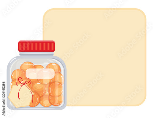 Orange round vitamins in glass bottle, sealed with red lid. The sticker with copy space is decorated with bow. Realistic vector template for dietary supplements for health and beauty.