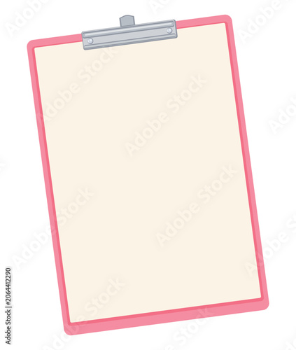 Minimalist vector illustration of pink clipboard with blank paper copy space sheet and metal clip. Empty writing board isolated on background. Suitable for office, school, checklist, notes, documents,