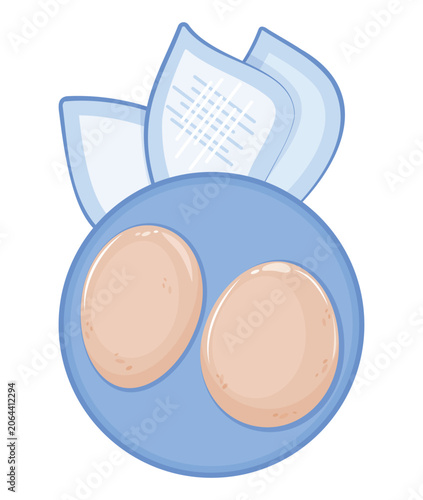 Two white boiled eggs lie on blue round plate. Vector realistic breakfast. Top view of food and napkins. Textured pattern isolated.