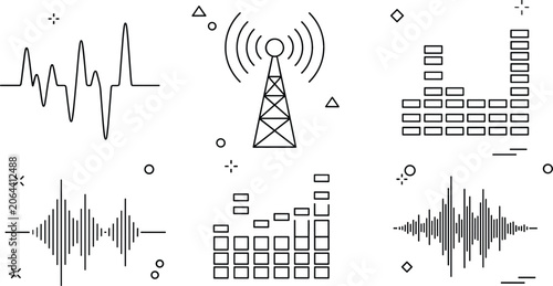Fotografie Radio tower vector doodle set with signal antenna sound wave audio equalizer fre