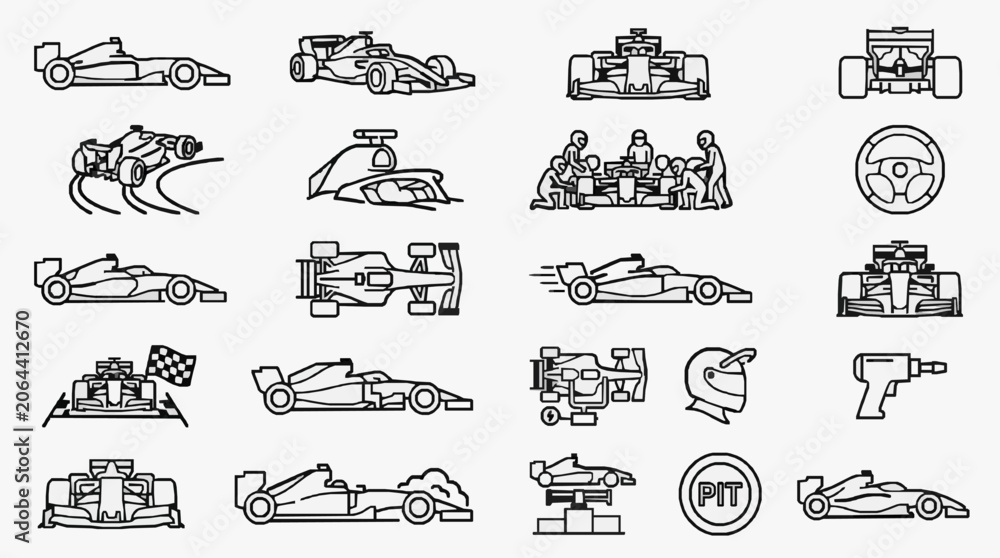 Naklejka premium Modern Racing and Pit Crew Iconography A Comprehensive Visual Guide to Motorsport Elements and Equipment