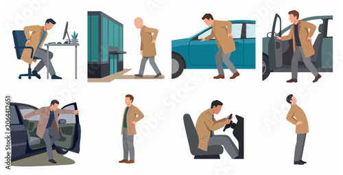 Fotografía Man suffering from back pain and spinal discomfort in daily life situations flat