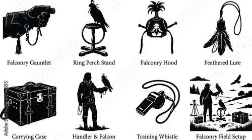 Quadro em tela Falconry equipment silhouette vector collection featuring gauntlet hood handler