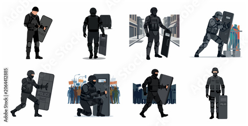 Konstfotografi Set of Riot Police Officers in Tactical Gear with Shields and Protectors in Vari