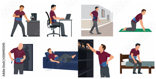 Foto Set of illustrations showing a man experiencing lower back pain and using a therapeutic heating pad or lumbar support belt during various daily activities at home and work