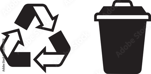Recycle symbol and trash can bin, waste management environmental conservation vector.