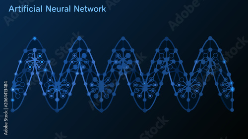 A blue vector illustration of an artificial neural network with interconnected nodes and lines machine learning deep