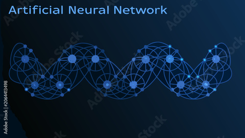 Blue artificial neural network visualization with interconnected nodes and lines on a dark background deep learning machine