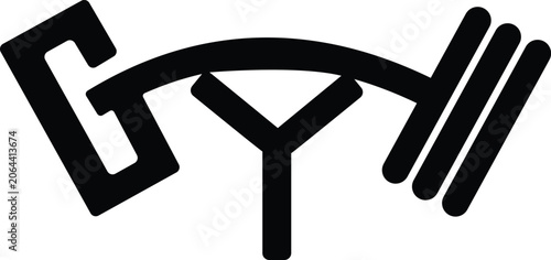 Gym text with barbell illustration, fitness and workout concept black vector design.