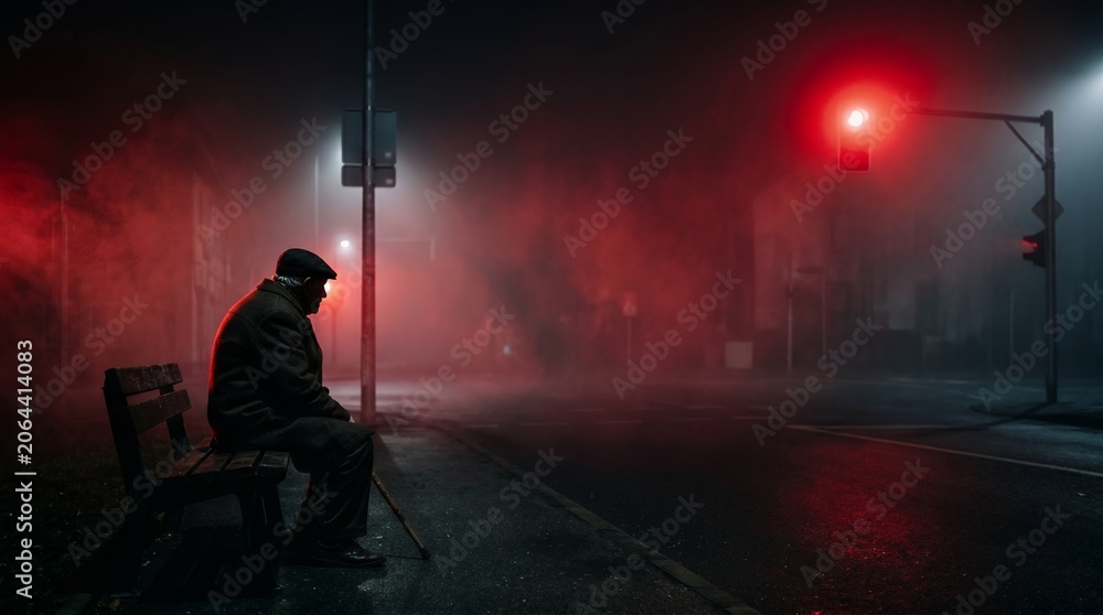 Fototapeta premium Lonely individual waiting on foggy city street at night.