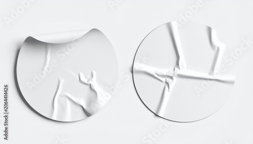 peeled and crumpled round circular adhesive sticker label tag badge realistic mockup template top view