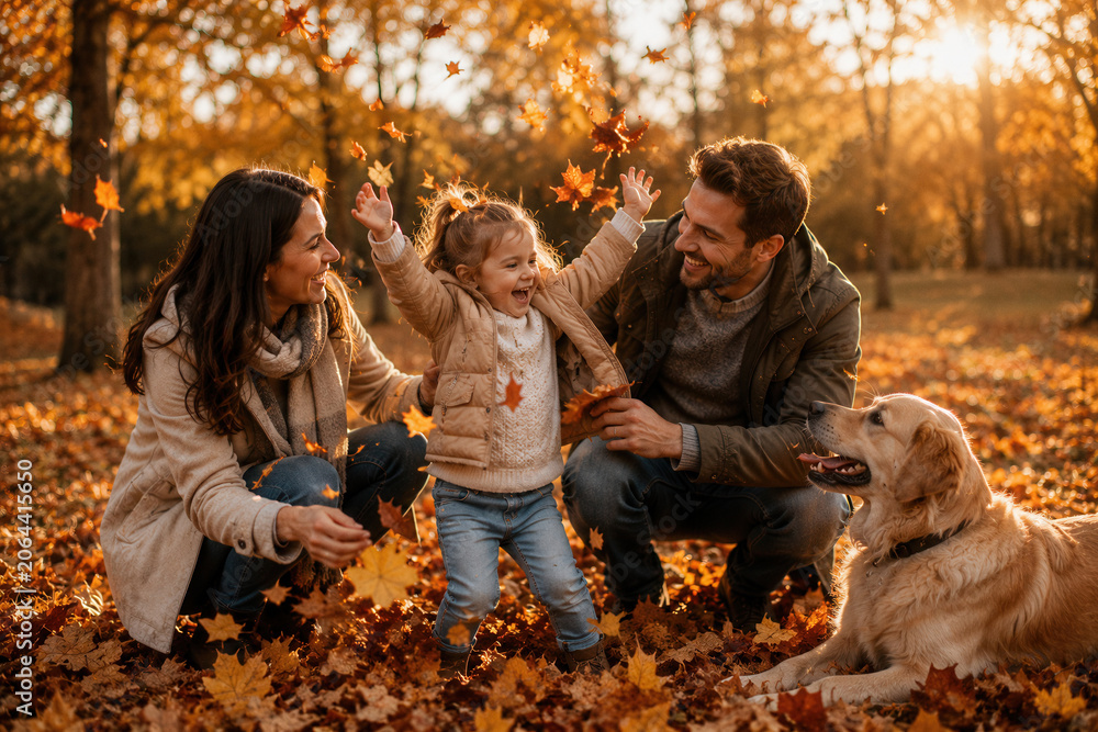 Fototapeta premium Golden leaves blanket the ground beneath a warm sun