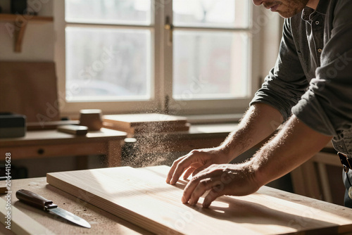 Woodworker Sanding Wood in Workshop