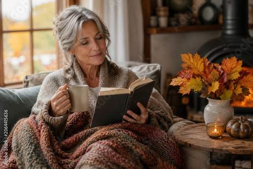 Woman reads book, wrapped in cozy blanket, sipping warm drink