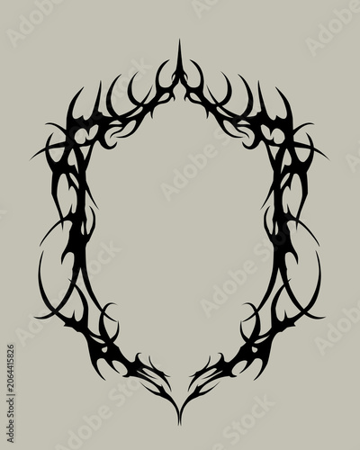 Photography Dark gothic frame, abstract symmetrical sharp thorns cyber tribal ornament borde