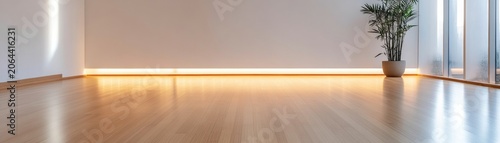 Minimalist room, warm ambient lighting from baseboard LED, natural light streaking on pale wall and glossy wood floor, with a slender plant by diffused windows. Serene, Modern , Zen