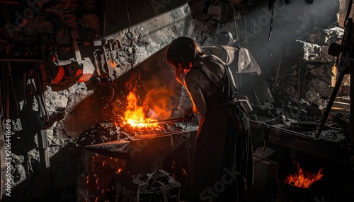 Blacksmith Forging Metal in Fiery Forge Casting Dynamic Shadows