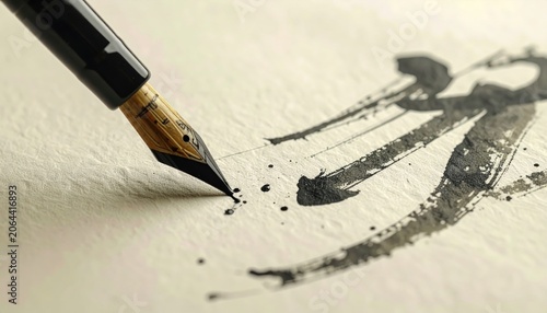 Close-up of a calligraphy brush creating ink strokes on textured paper, highlighting traditional artistry and fluid motion.