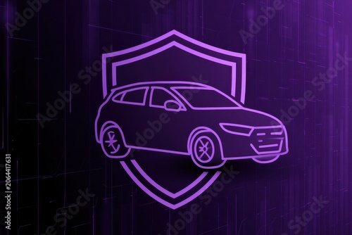 Neon Car Security Concept with Shield Icons