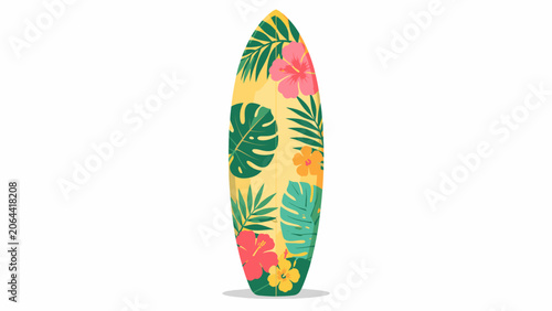 Tropical surfboard illustration with hibiscus flowers and palm leaves