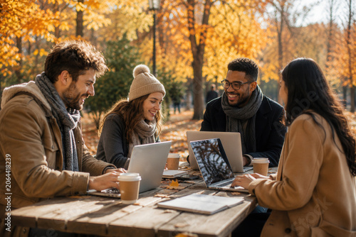 Four friends gather around a wooden table outdoors