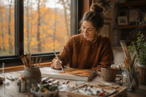 Woman paints warmly in cozy, sunlit studio