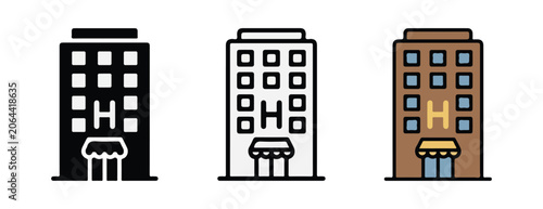 hotel building icons in different colors and styles with letter H on the facade  isolated on white background