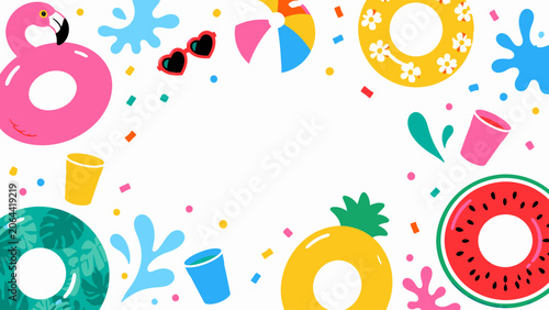 Summer pool party frame background with colorful inflatable floats