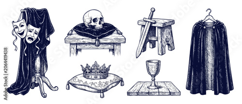 Theater props hand drawn engraved illustrations of shakespearean stage drama icons including tragedy masks, skull on pillow, golden crown, medieval sword, royal goblet, and black cloak for acting.