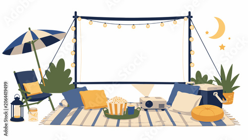 Cozy outdoor movie night setup with screen and projector illustration