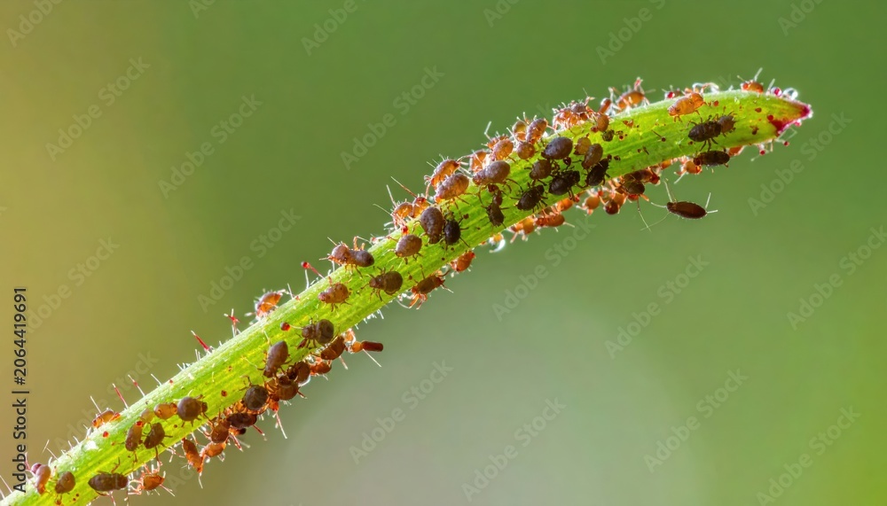 Fototapeta premium Numerous Tiny Reddish-Brown Mites Congregate on a Dew-Laden Green Plant Stem in Extreme Macro Detail