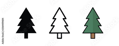 pine tree icons in different styles and colors on white background