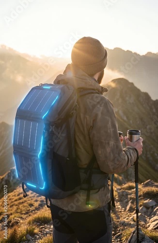 A person hiking in mountains with a futuristic solar panel backpack at sunrise.