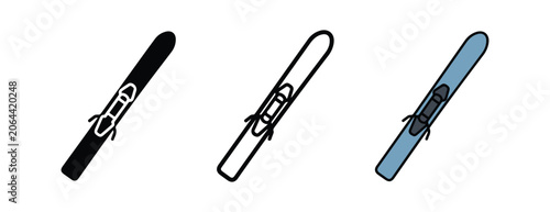  skis with bindings in different colors  black white and blue  for winter sports and mountain activities