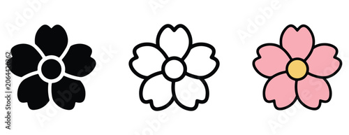 cartoon style flowers in black white and pink colors with yellow center on white background  simple flower designs