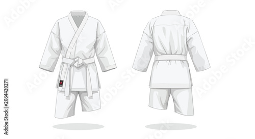 Realistic Martial Arts White Uniform Set Front and Back View Professional Karate Gi Sportswear Training Gear Design