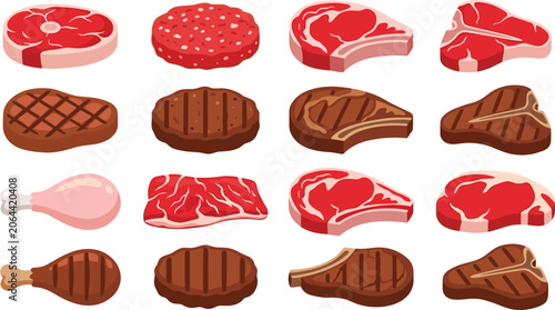 Photos Butcher shop raw and grilled meat vector icon collection set featuring beef stea