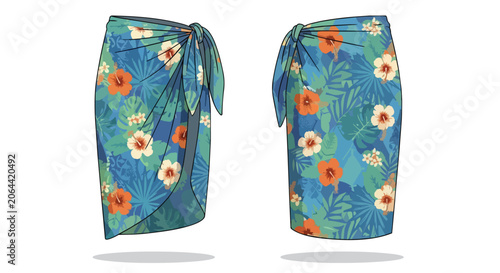 Hawaiian Style Floral Wrap Skirt Sarong Pareo with Tropical Hibiscus and Monstera Leaf Pattern for Summer Holidays