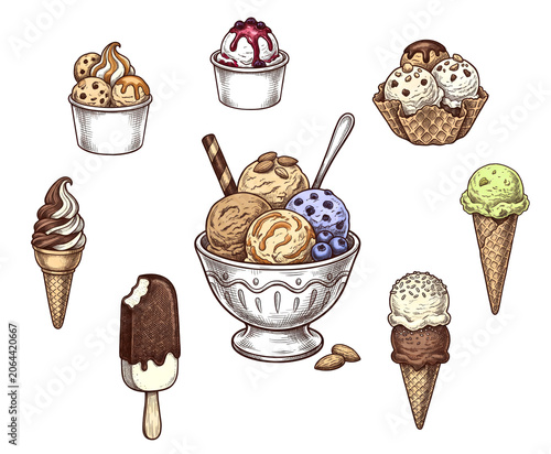 Vintage Hand drawn ice cream set featuring cones, sundaes, popsicles and frozen desserts, isolate