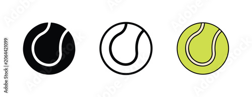  tennis balls icons in different styles and colors for design and illustration purposes  simple line art and filled shapes
