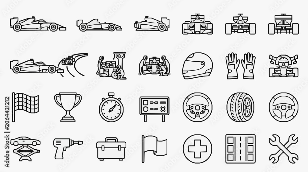 Naklejka premium Modern Racing and Motorsport Iconography Collection Featuring Vehicles Equipment and Symbols with high professional line art symbols for modern creative design and digital branding projects