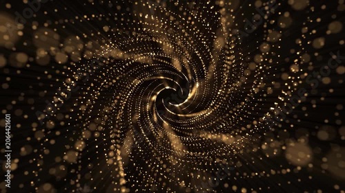 Abstract background with a spiral of glittering shiny gold particles and shallow depth of field. This luxury golden motion background animation is full HD and a seamless loop.