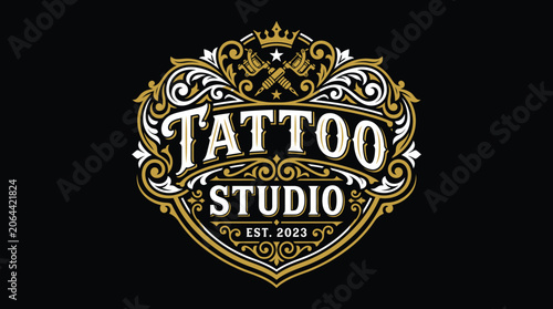 Ornate vintage tattoo studio logo design.